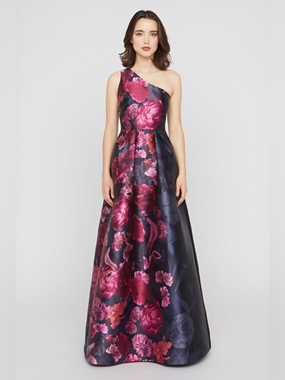 new Kay Unger Dianna one shoulder mikado gown in Dk. Twilight Multi floral print